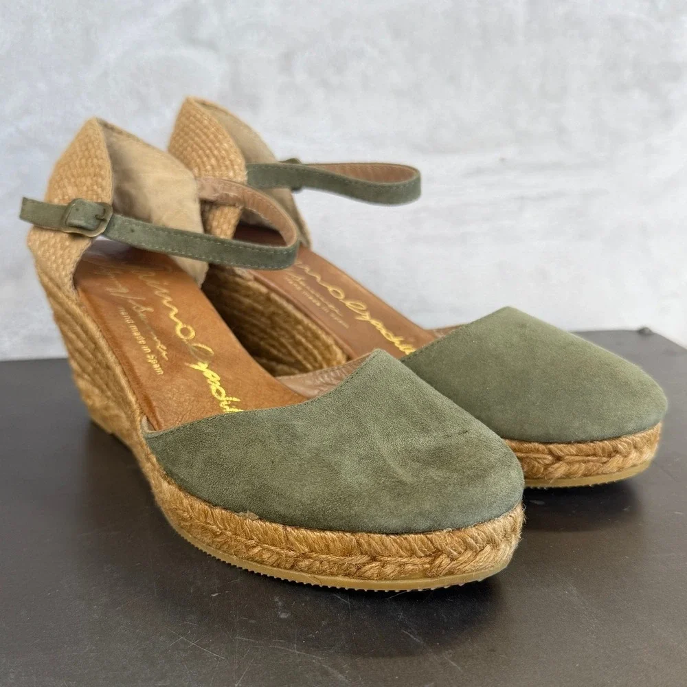 Spanish Gaimo Espadrilles Olive Green Suede Wedge Sandals Size 39‎ / 8 1/2